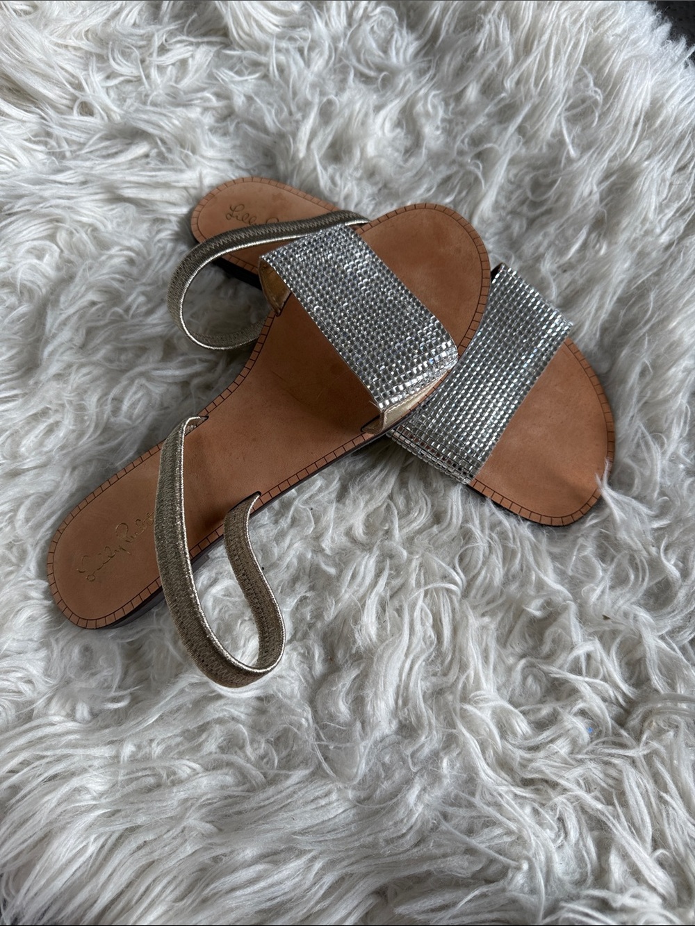Lilly Pulitzer Amelia Metallic Gold / Silver Flat Sandals 10
